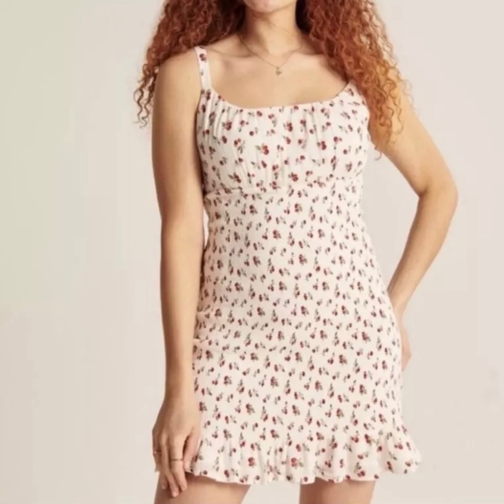 Abercrombie & Fitch Smocked Stretch Ruffle Cherry Print Mini Dress White Red L